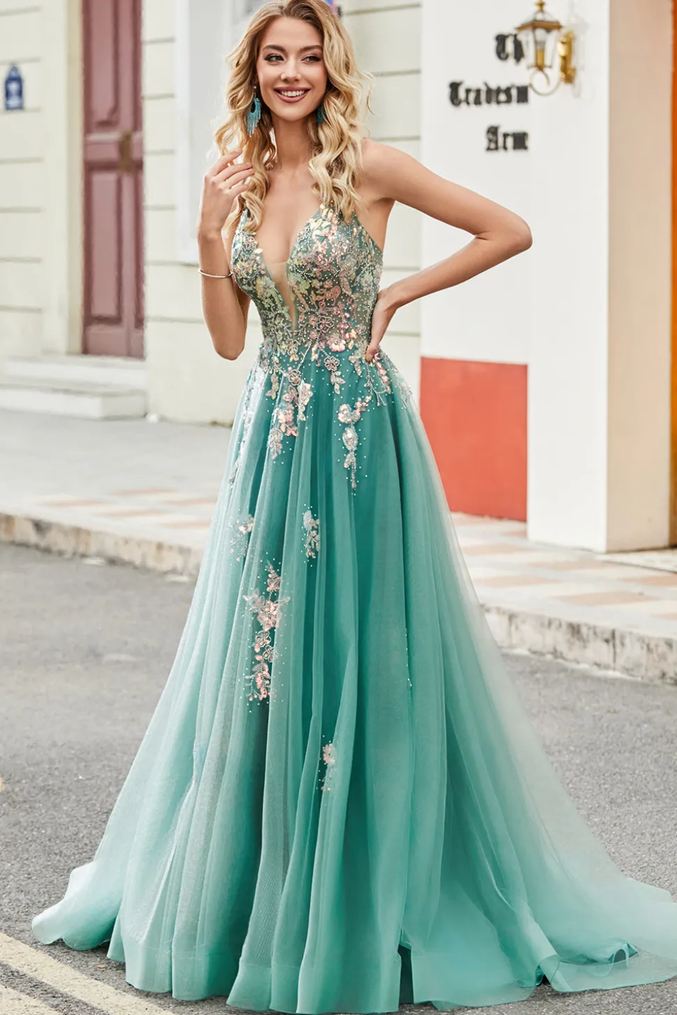 Glitter Green A-Line Spaghetti Correias Long Prom Dress com apliques de lantejoulas brilhantes