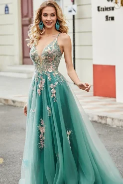 Glitter Green A-Line Spaghetti Correias Long Prom Dress com apliques de lantejoulas brilhantes