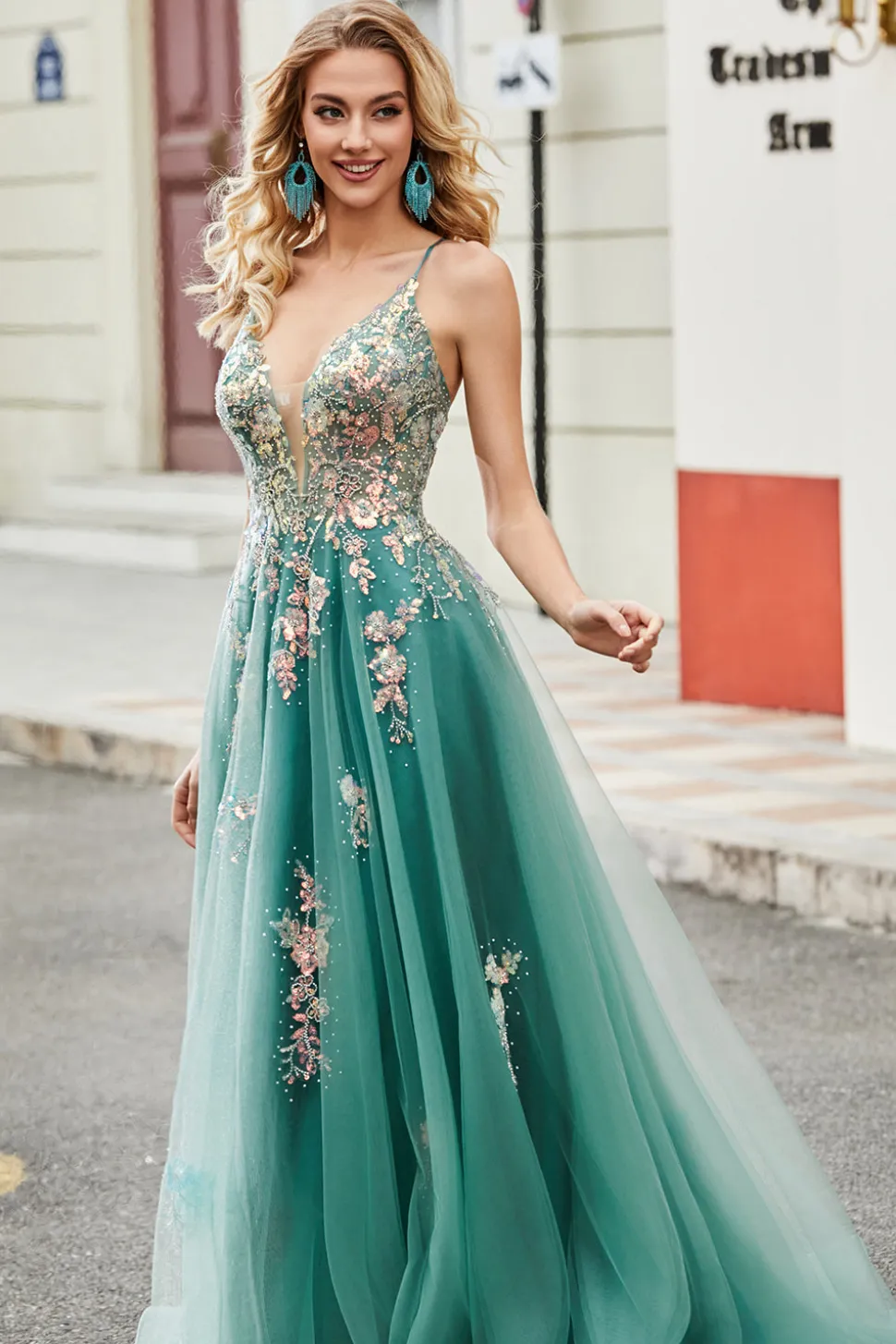 Glitter Green A-Line Spaghetti Correias Long Prom Dress com apliques de lantejoulas brilhantes