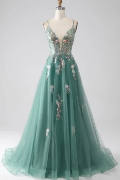 Glitter Green A-Line Spaghetti Correias Long Prom Dress com apliques de lantejoulas brilhantes