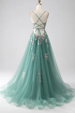 Glitter Green A-Line Spaghetti Correias Long Prom Dress com apliques de lantejoulas brilhantes