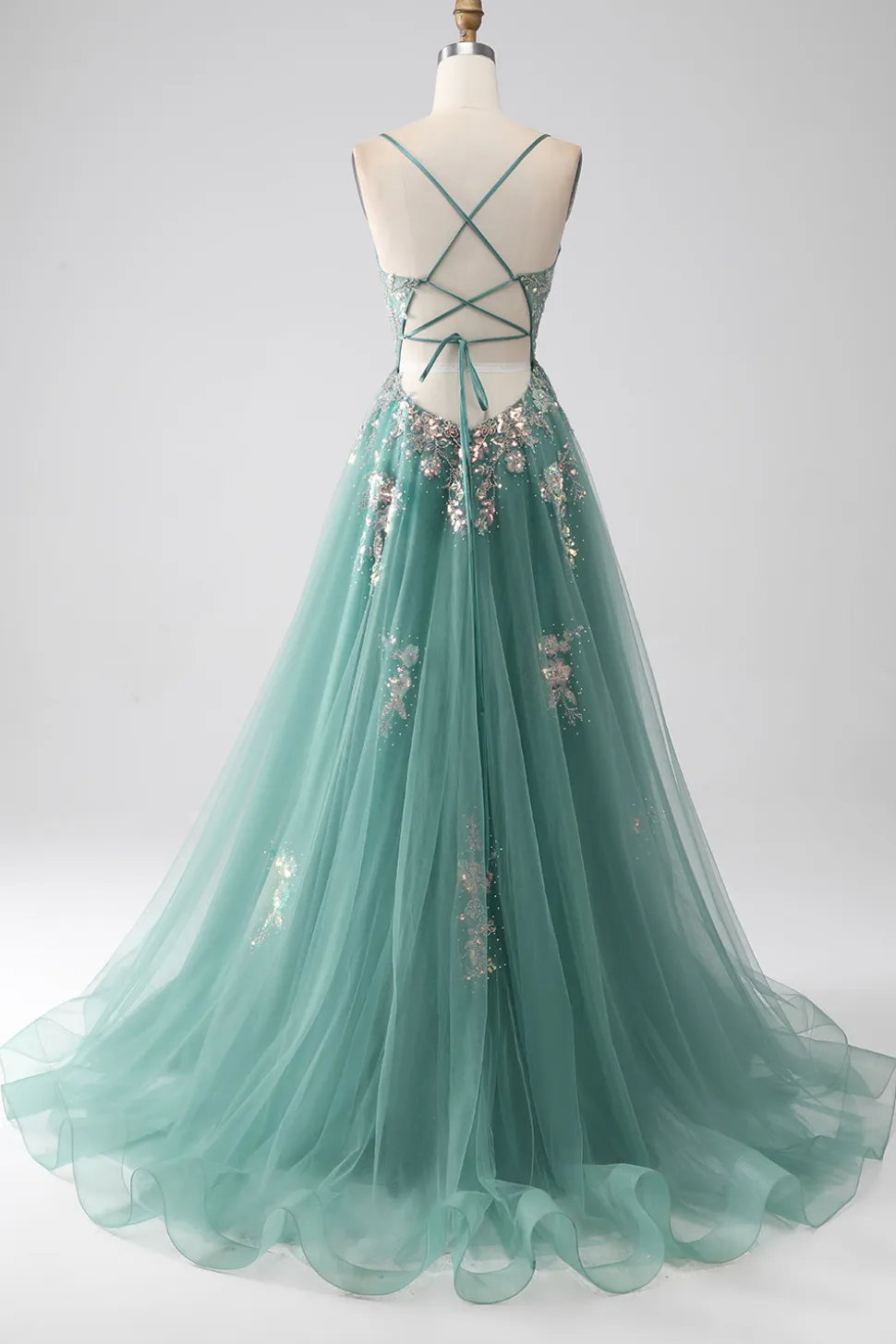 Glitter Green A-Line Spaghetti Correias Long Prom Dress com apliques de lantejoulas brilhantes