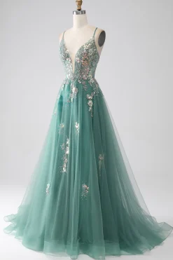 Glitter Green A-Line Spaghetti Correias Long Prom Dress com apliques de lantejoulas brilhantes