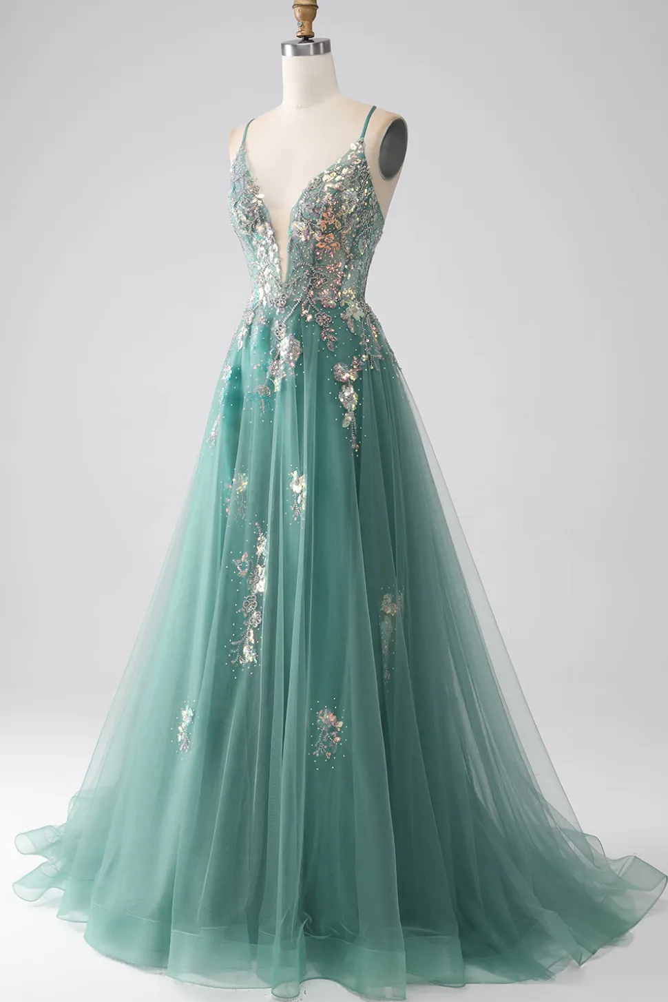 Glitter Green A-Line Spaghetti Correias Long Prom Dress com apliques de lantejoulas brilhantes