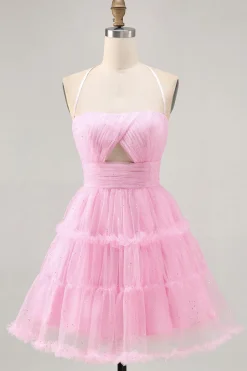 Glitter Halter Cut out Rosa babado A-Line Homecoming Dress