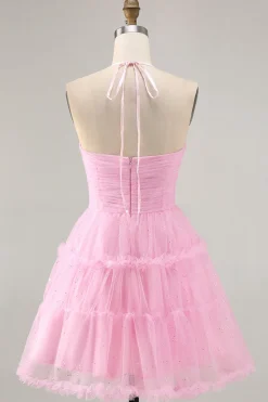 Glitter Halter Cut out Rosa babado A-Line Homecoming Dress