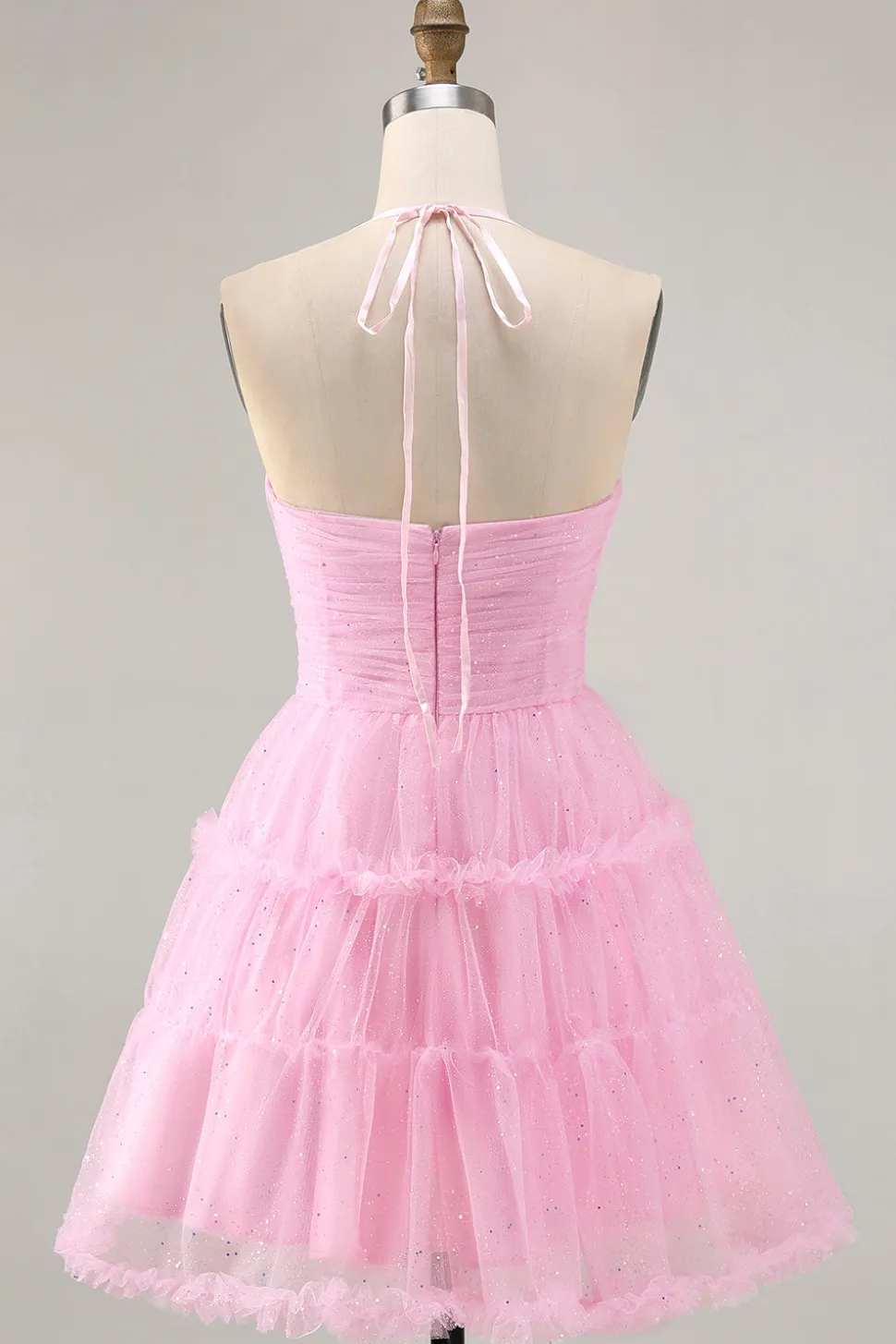 Glitter Halter Cut out Rosa babado A-Line Homecoming Dress