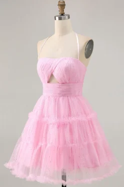 Glitter Halter Cut out Rosa babado A-Line Homecoming Dress