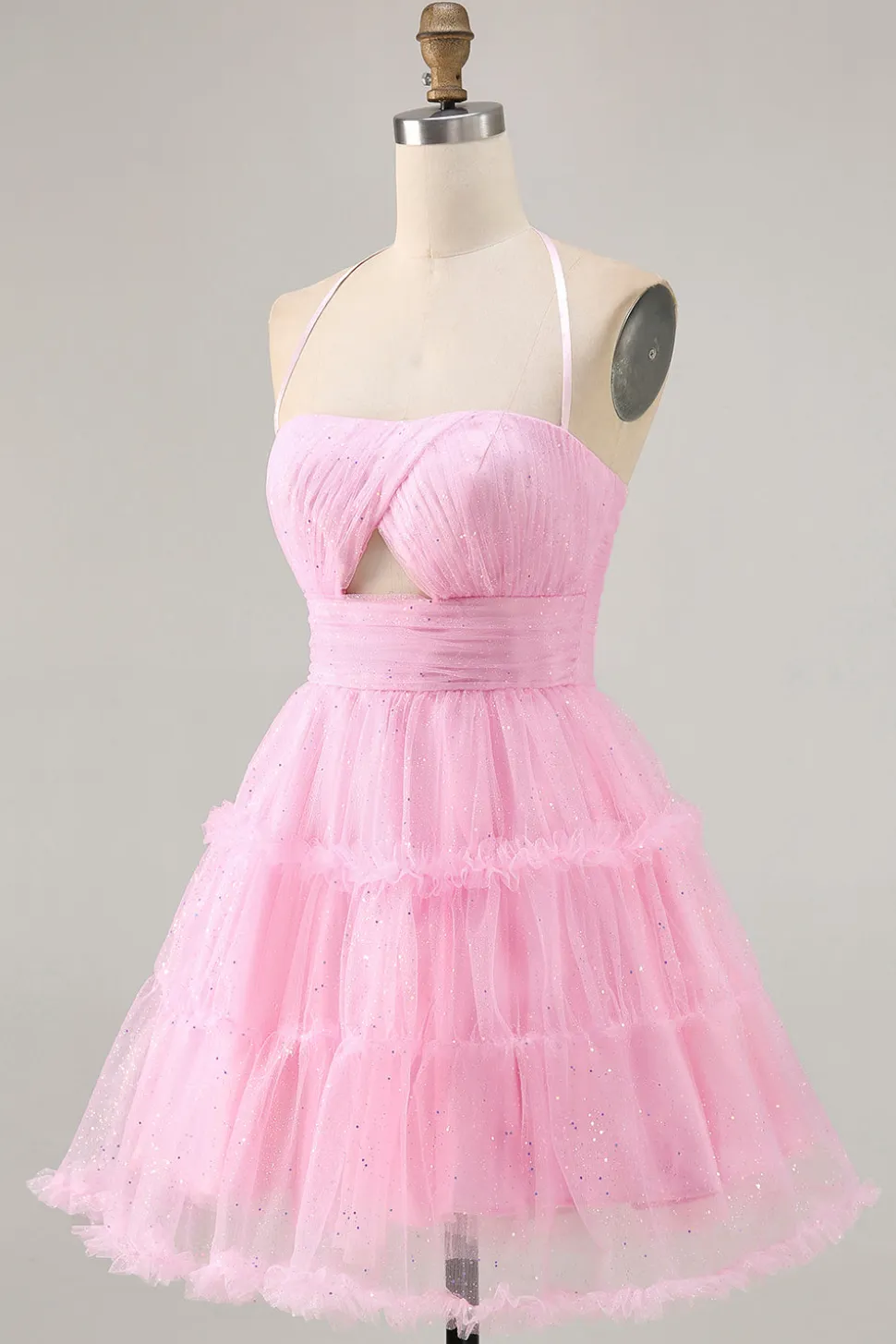 Glitter Halter Cut out Rosa babado A-Line Homecoming Dress