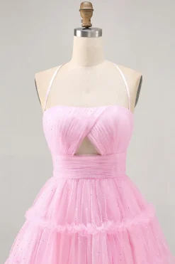Glitter Halter Cut out Rosa babado A-Line Homecoming Dress