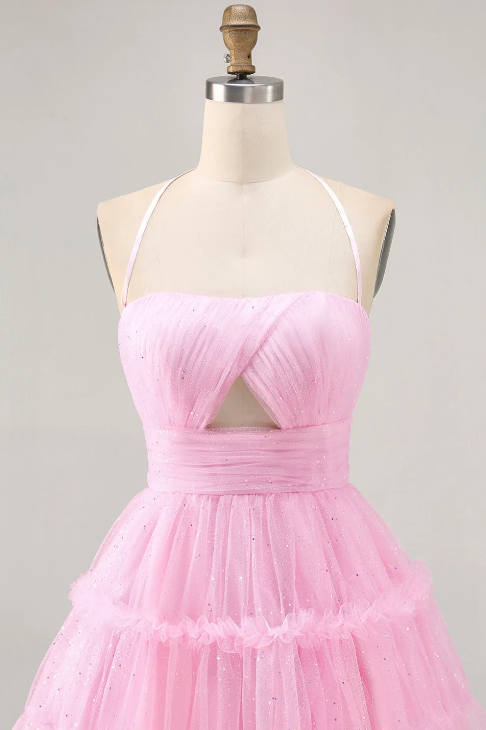 Glitter Halter Cut out Rosa babado A-Line Homecoming Dress