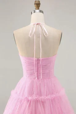 Glitter Halter Cut out Rosa babado A-Line Homecoming Dress