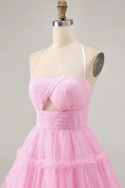 Glitter Halter Cut out Rosa babado A-Line Homecoming Dress