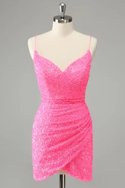 Glitter Hot Pink Bodycon Esparguete Correias Sequins Vestido Curto Homecoming