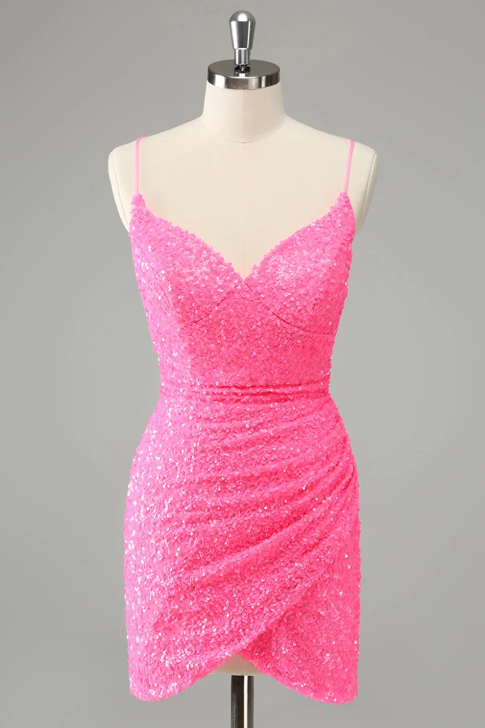 Glitter Hot Pink Bodycon Esparguete Correias Sequins Vestido Curto Homecoming