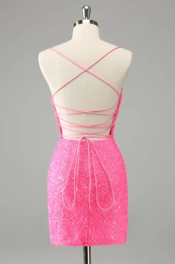 Glitter Hot Pink Bodycon Esparguete Correias Sequins Vestido Curto Homecoming