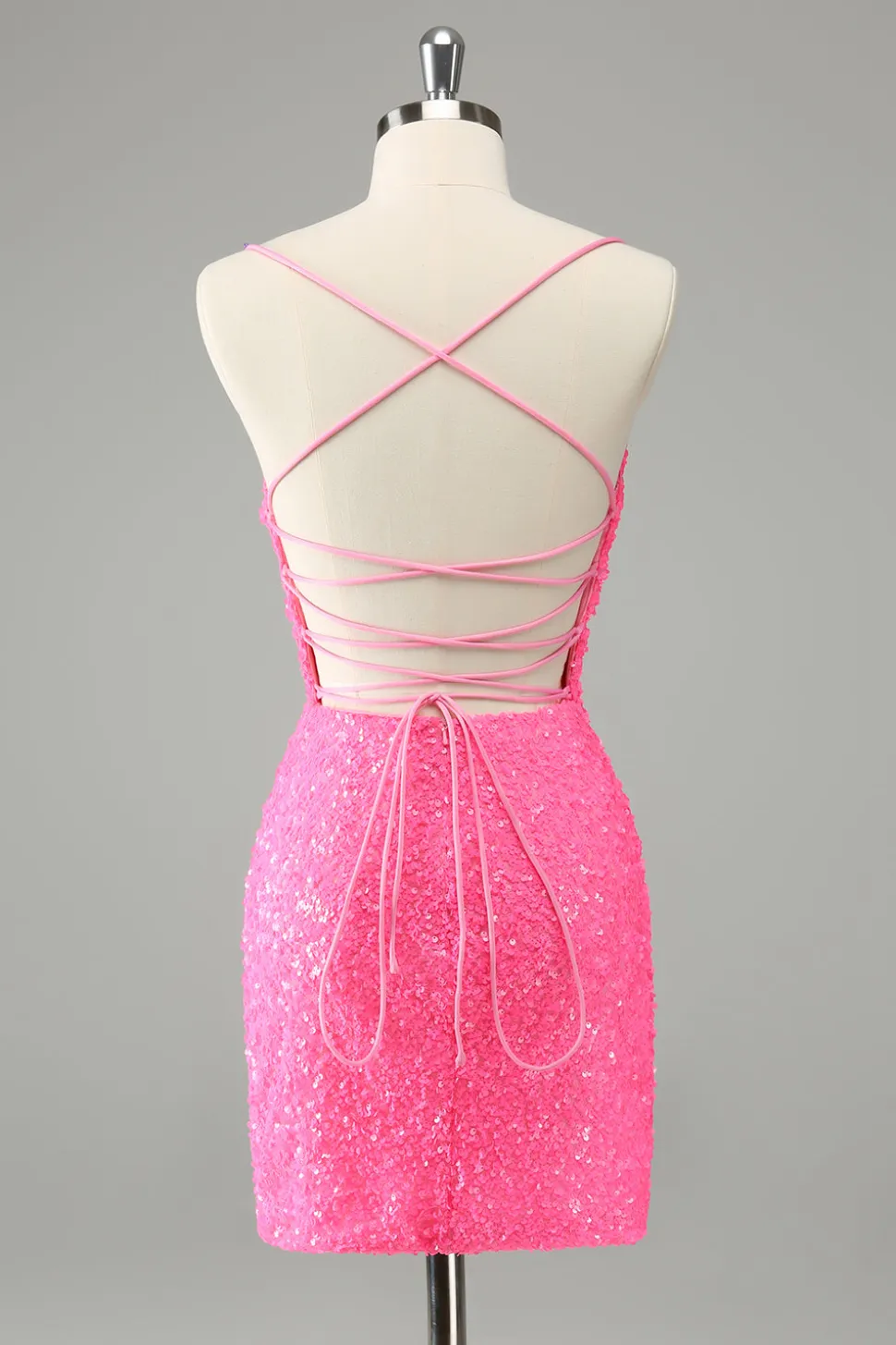 Glitter Hot Pink Bodycon Esparguete Correias Sequins Vestido Curto Homecoming