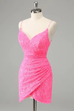 Glitter Hot Pink Bodycon Esparguete Correias Sequins Vestido Curto Homecoming