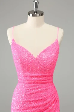 Glitter Hot Pink Bodycon Esparguete Correias Sequins Vestido Curto Homecoming