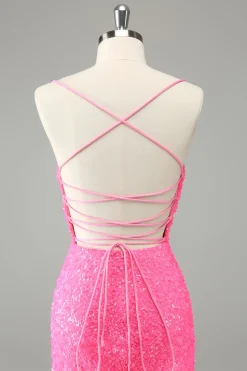 Glitter Hot Pink Bodycon Esparguete Correias Sequins Vestido Curto Homecoming