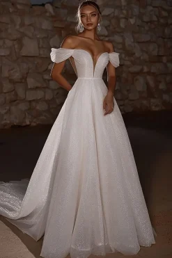 Glitter Ivory Off the Shoulder Uma Linha Vestido de Noiva Longo