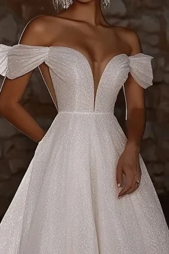 Glitter Ivory Off the Shoulder Uma Linha Vestido de Noiva Longo