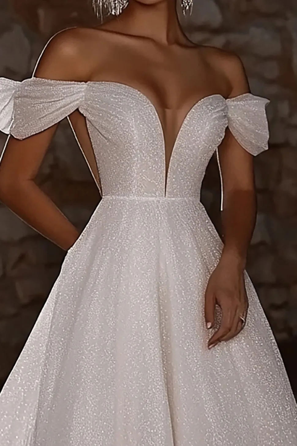 Glitter Ivory Off the Shoulder Uma Linha Vestido de Noiva Longo