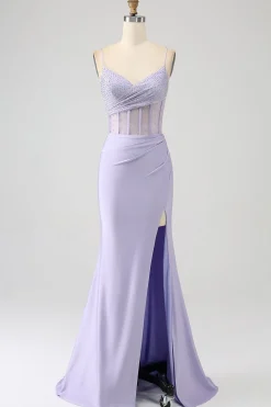 Glitter Lilás Corset Sereia Vestido Longo Baile de Formatura com Fenda