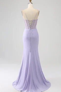Glitter Lilás Corset Sereia Vestido Longo Baile de Formatura com Fenda
