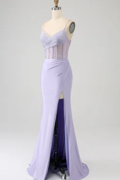 Glitter Lilás Corset Sereia Vestido Longo Baile de Formatura com Fenda