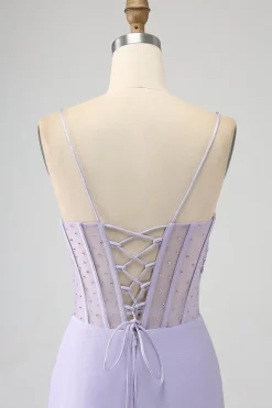 Glitter Lilás Corset Sereia Vestido Longo Baile de Formatura com Fenda