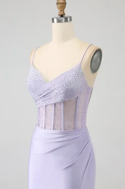 Glitter Lilás Corset Sereia Vestido Longo Baile de Formatura com Fenda