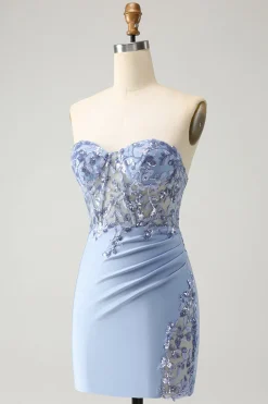 Glitter Lilás Querida Sequined Appliques Strapless Tight Homecoming Dress