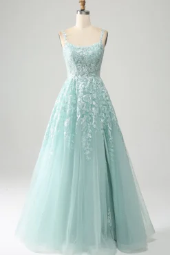 Glitter Mint A-Line Tule Vestido Longo Baile de Formatura com Renda