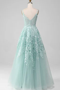 Glitter Mint A-Line Tule Vestido Longo Baile de Formatura com Renda
