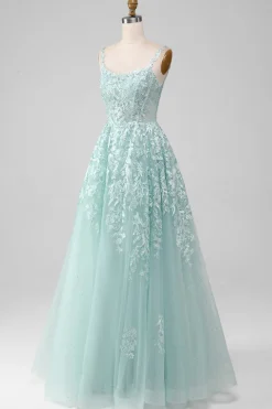 Glitter Mint A-Line Tule Vestido Longo Baile de Formatura com Renda