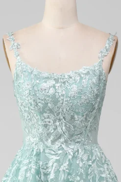 Glitter Mint A-Line Tule Vestido Longo Baile de Formatura com Renda