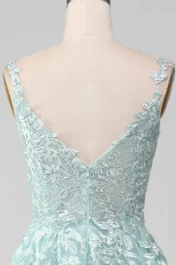 Glitter Mint A-Line Tule Vestido Longo Baile de Formatura com Renda