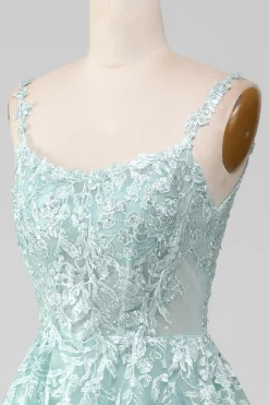 Glitter Mint A-Line Tule Vestido Longo Baile de Formatura com Renda