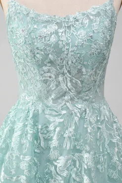 Glitter Mint A-Line Tule Vestido Longo Baile de Formatura com Renda