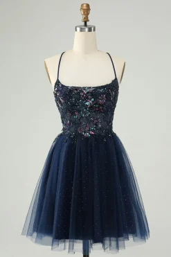 Glitter Navy A-Line Sequined Tulle Homecoming Vestido