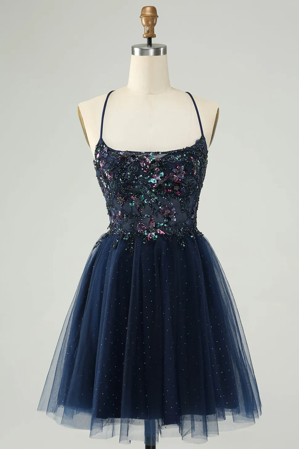 Glitter Navy A-Line Sequined Tulle Homecoming Vestido