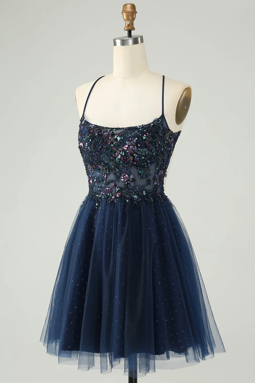 Glitter Navy A-Line Sequined Tulle Homecoming Vestido