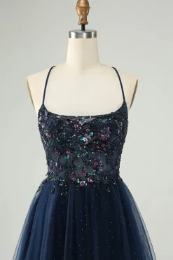 Glitter Navy A-Line Sequined Tulle Homecoming Vestido