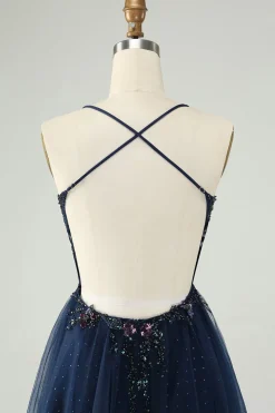 Glitter Navy A-Line Sequined Tulle Homecoming Vestido