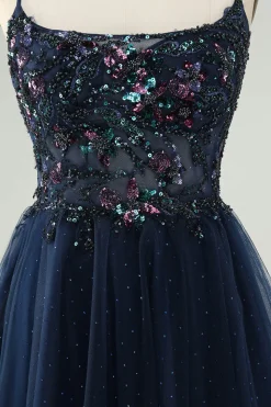Glitter Navy A-Line Sequined Tulle Homecoming Vestido