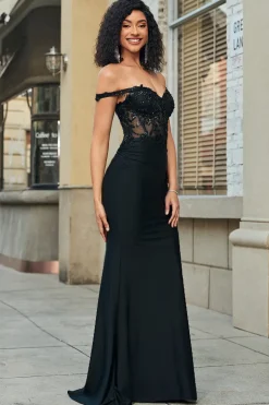 Glitter Off the Shoulder Sereia Preta Vestido Longo Baile de Formatura