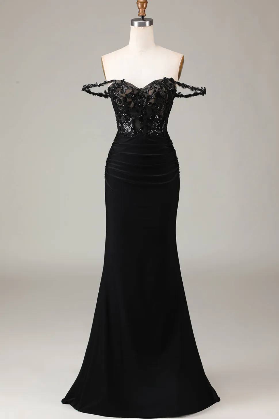 Glitter Off the Shoulder Sereia Preta Vestido Longo Baile de Formatura