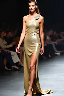 Glitter One Shoulder Bainha Vestido de Gala Dourado com Fenda