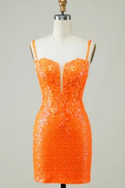 Glitter Orange Tight Homecoming Vestido com frisado